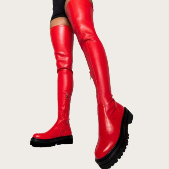 Women's Over-the-Knee Plush Boots | Side Zipper, Round Toe, Mid Heel – Red & Black