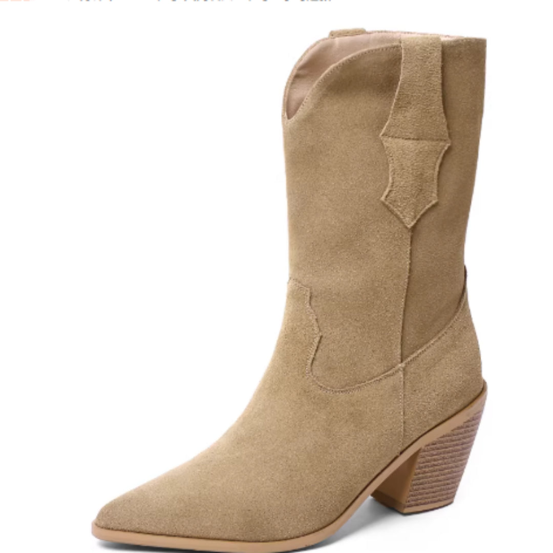 Women's Chunky High Heel Western Cowboy Boots – Pointed Toe Mid-Calf Knight Boots