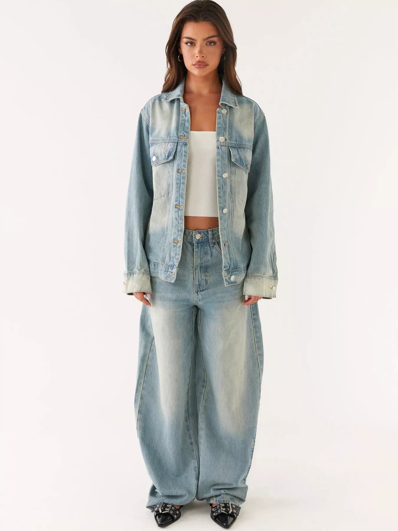 Button Up Denim Jacket and Jeans Set