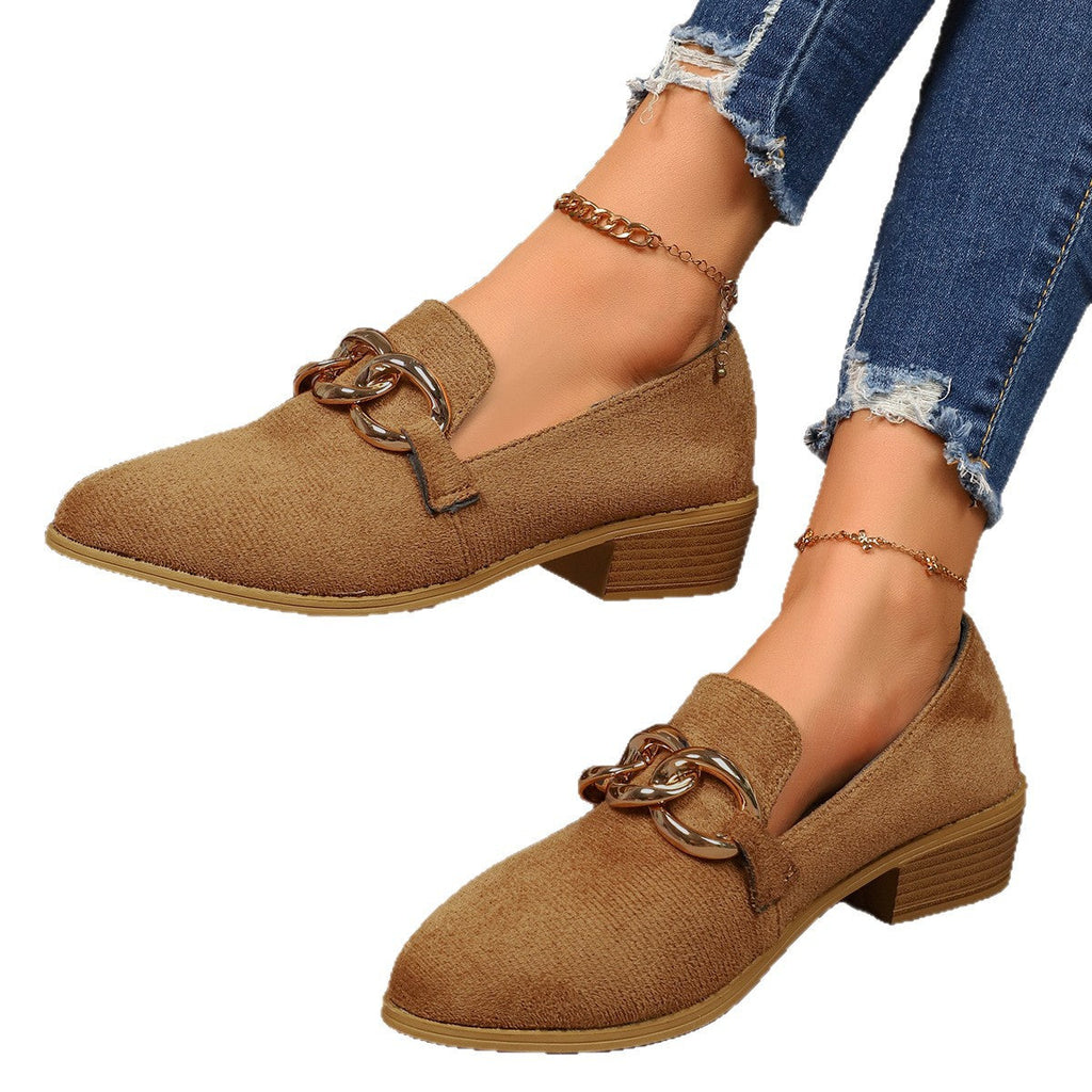 Women's Chunky Heel Suede Pumps – Elegant Metal Chain Pointed Toe Slip-On Shoes