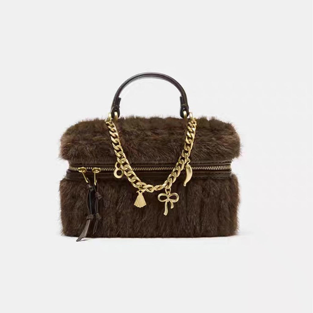 Chic Plush Chain Crossbody Bag – Synthetic Leather Mini Handbag for Women | Coffee Brown