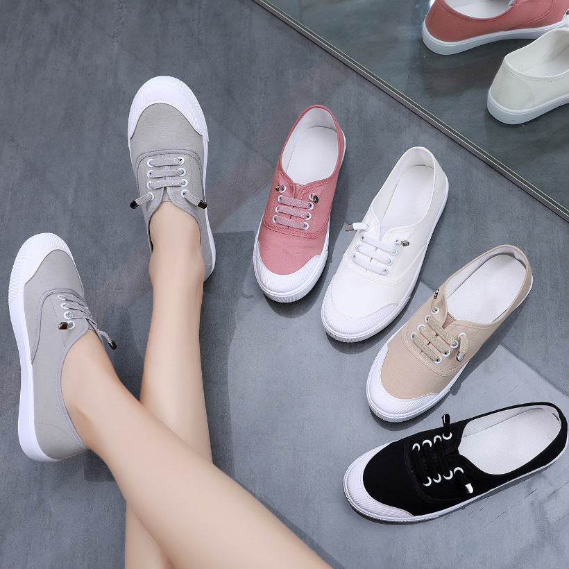 Women's White Canvas Slip-On Sneakers – Flat Sole, Multi-Color | Casual Everyday Shoes