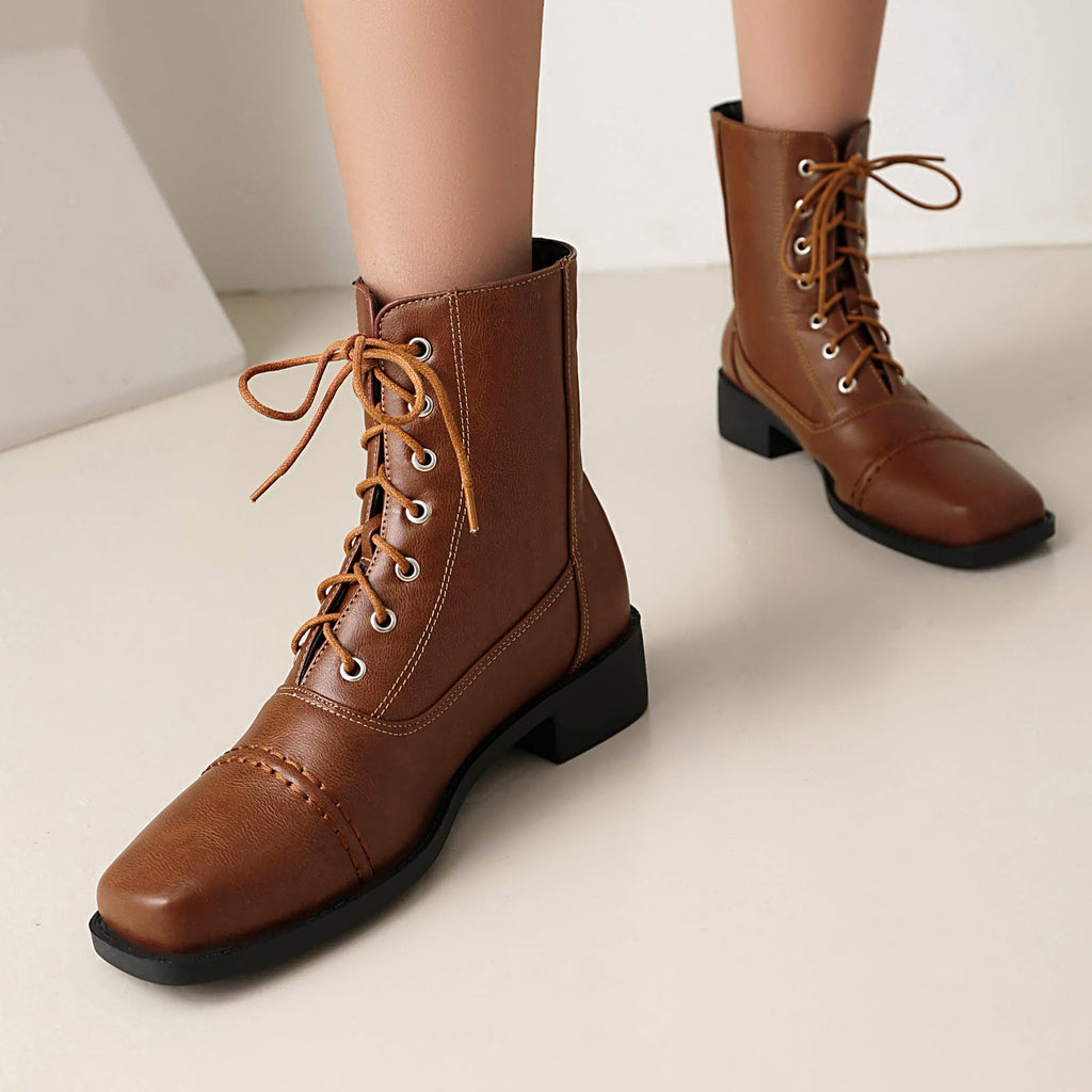 Women's Lace-Up Square-Toe Motorcycle Boots | Low Heel Outdoor Ankle Boots