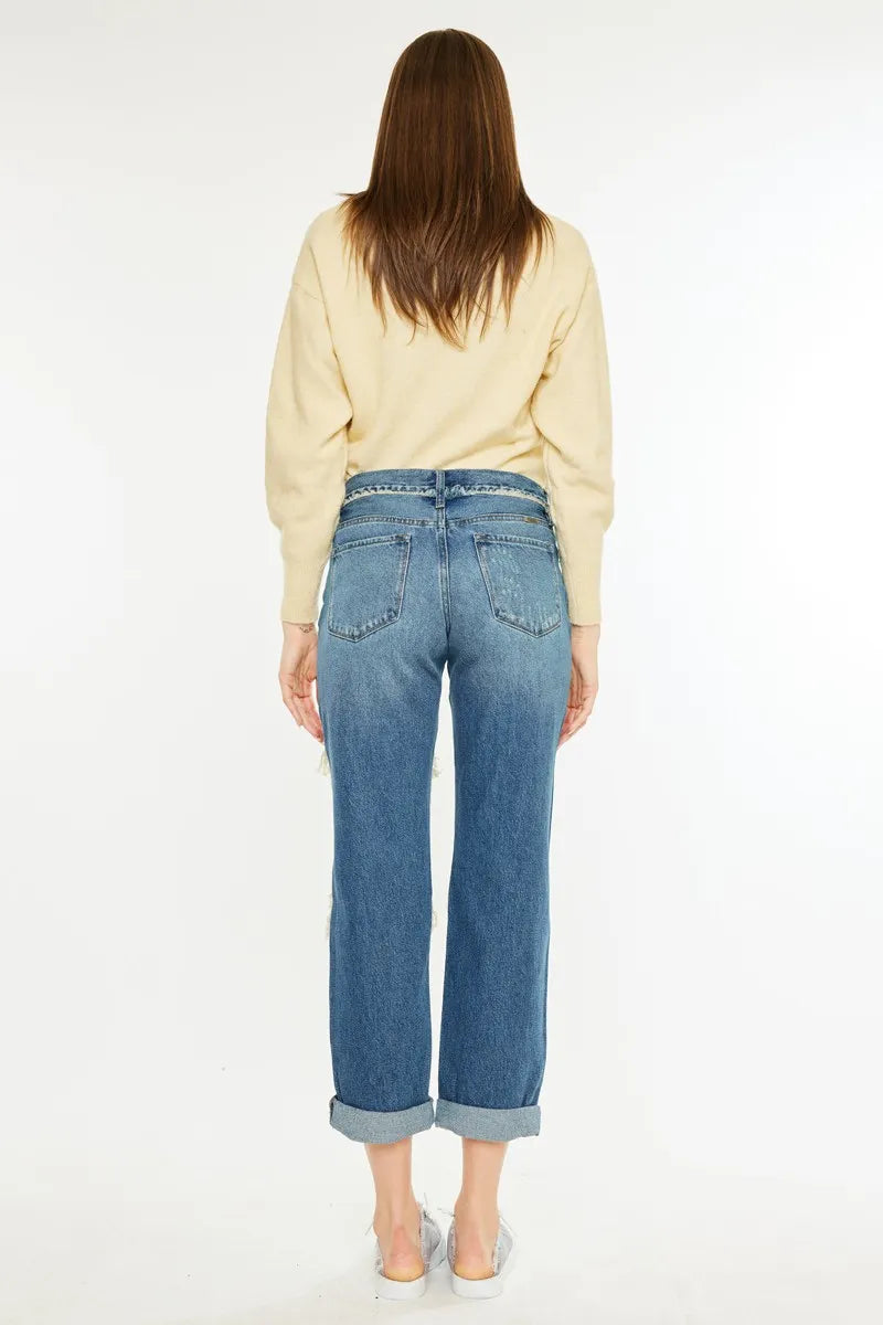 Kancan Distressed Mid Rise True Boyfriend Jeans
