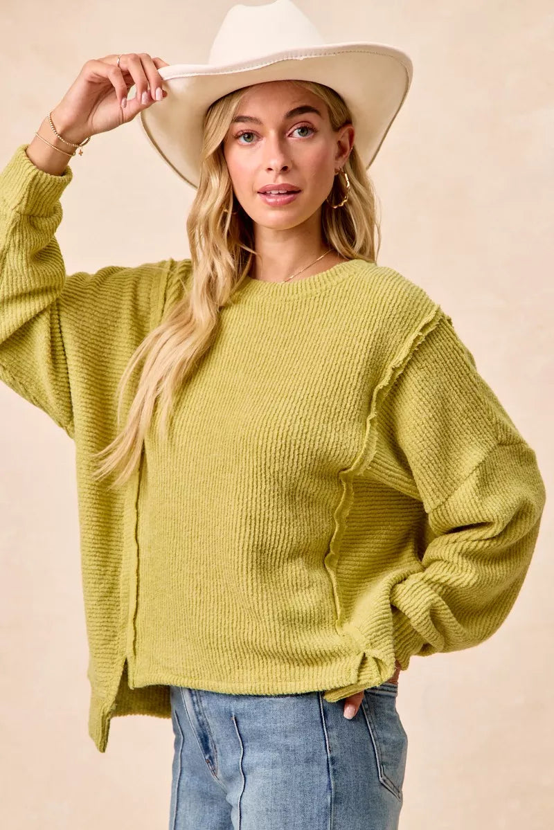 BiBi Boucle Rib Knit Uneven Hem Sweater With Open Seam