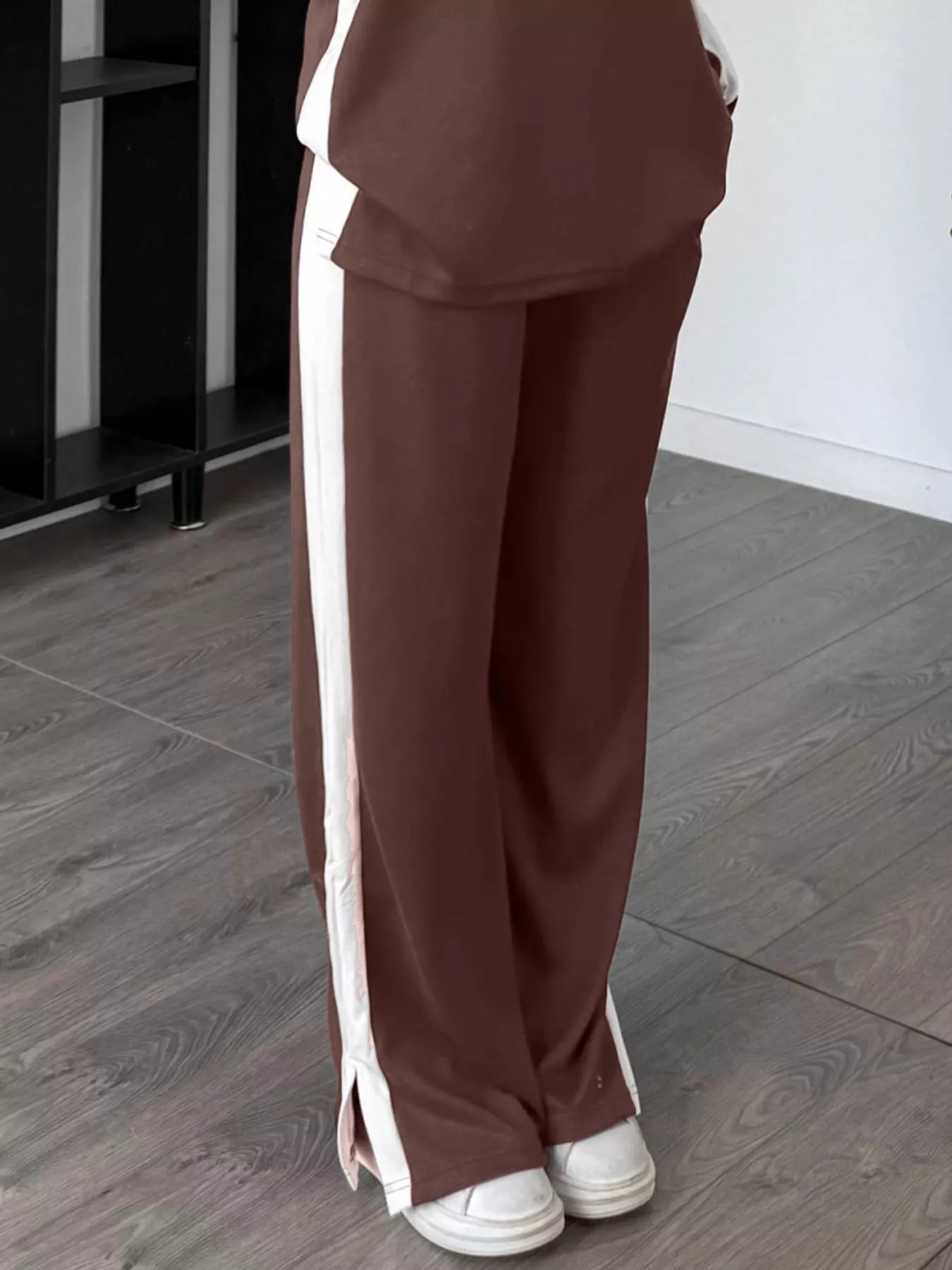 Full Size Contrast Round Neck Top and Pants Set Plus Size