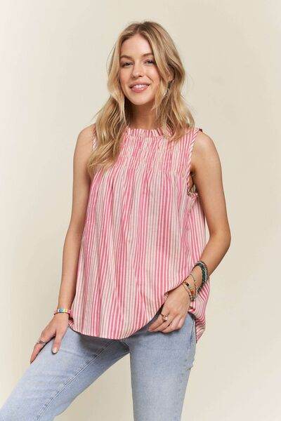 ADORA Contrast Striped Frill Round Neck Sleeveless Top