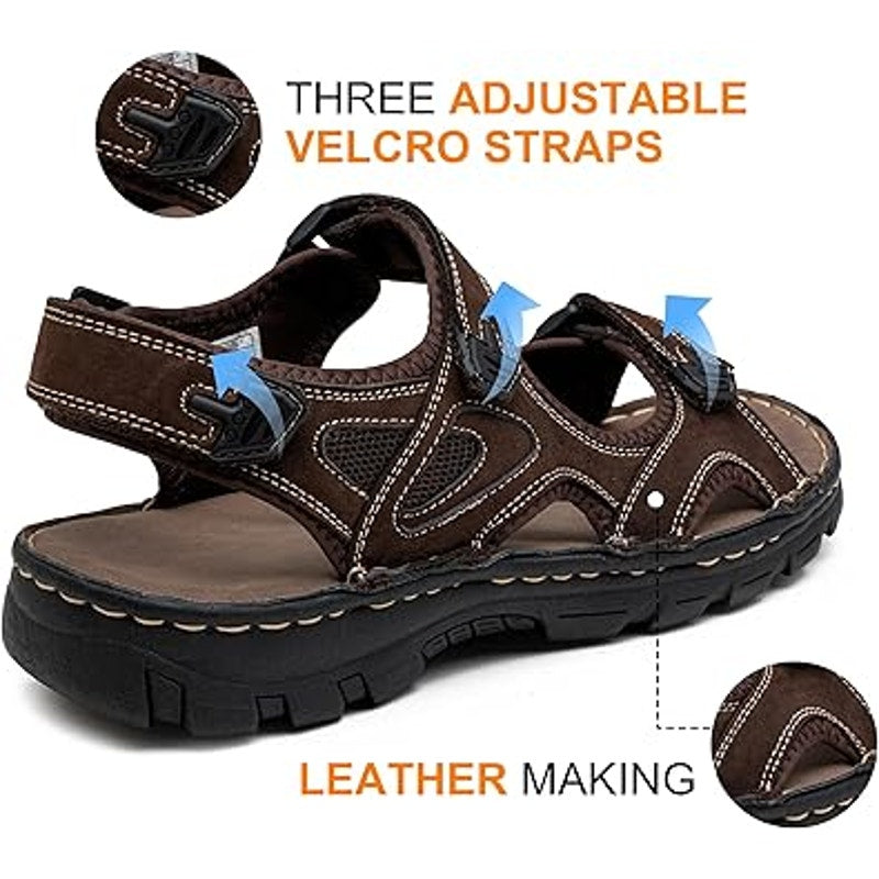 Jousen Mens 13 Brown Sandals Faux Leather Open Toe Hook Loop & Fastener Shoes