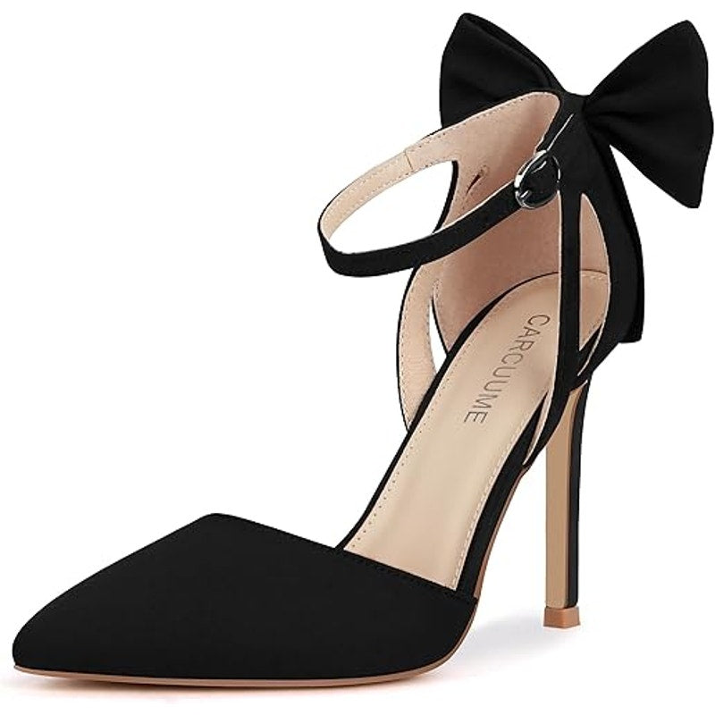 Carcuume Womens Size 8 Black Faux Suede Bow Tie Back 4" Heels Closed Toe Shoes