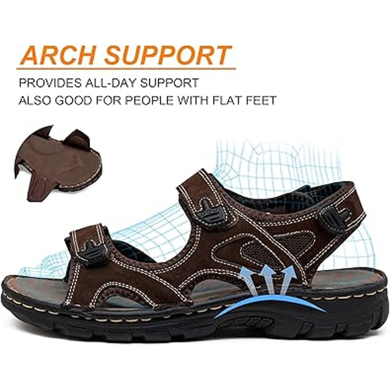 Jousen Mens 13 Brown Sandals Faux Leather Open Toe Hook Loop & Fastener Shoes