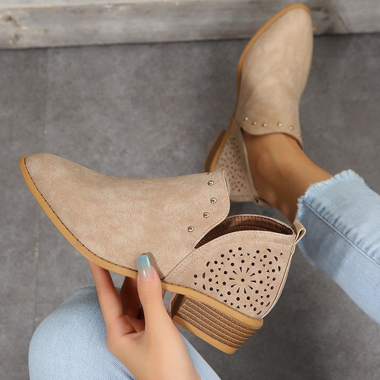 Women's Retro Studded Pointed-Toe Ankle Boots | Chunky Heel Slip-On
