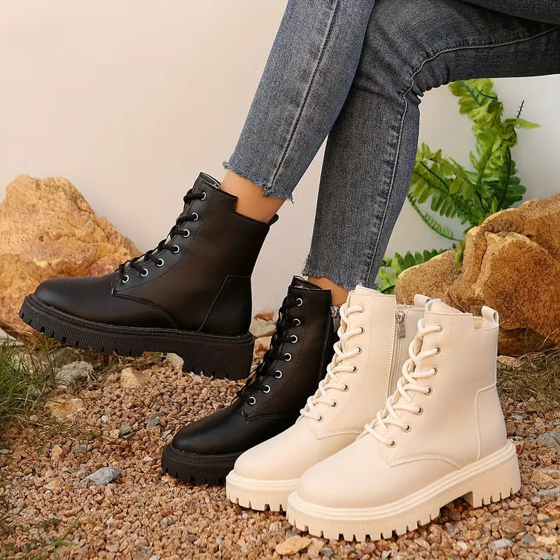 Women's Motorcycle Ankle Boots - Chunky Heel Side Zipper Boots