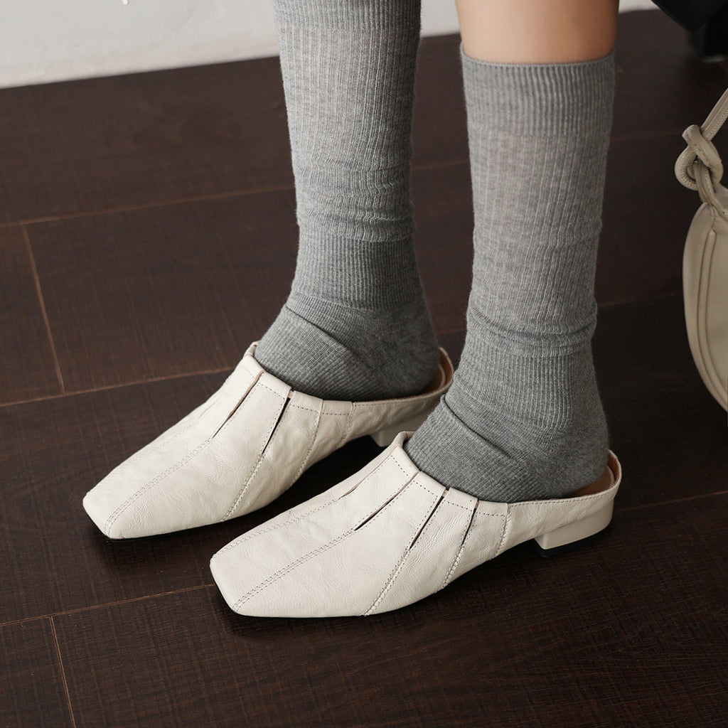 Women's Washed Cowhide Square-Toe Mules | Low Block Heel Backless Shoes
