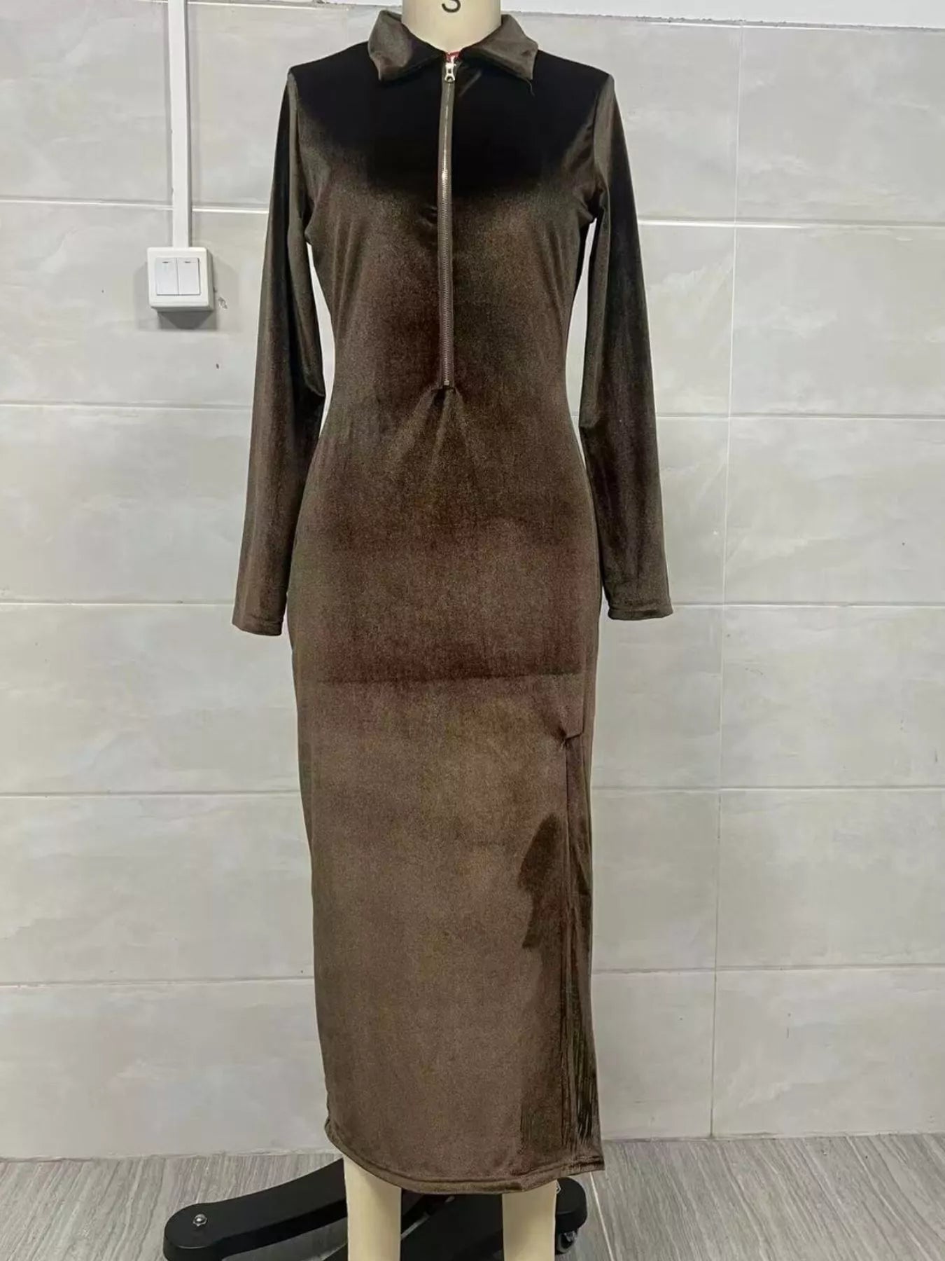 Velvet Zip-Front Slit Midi Dress