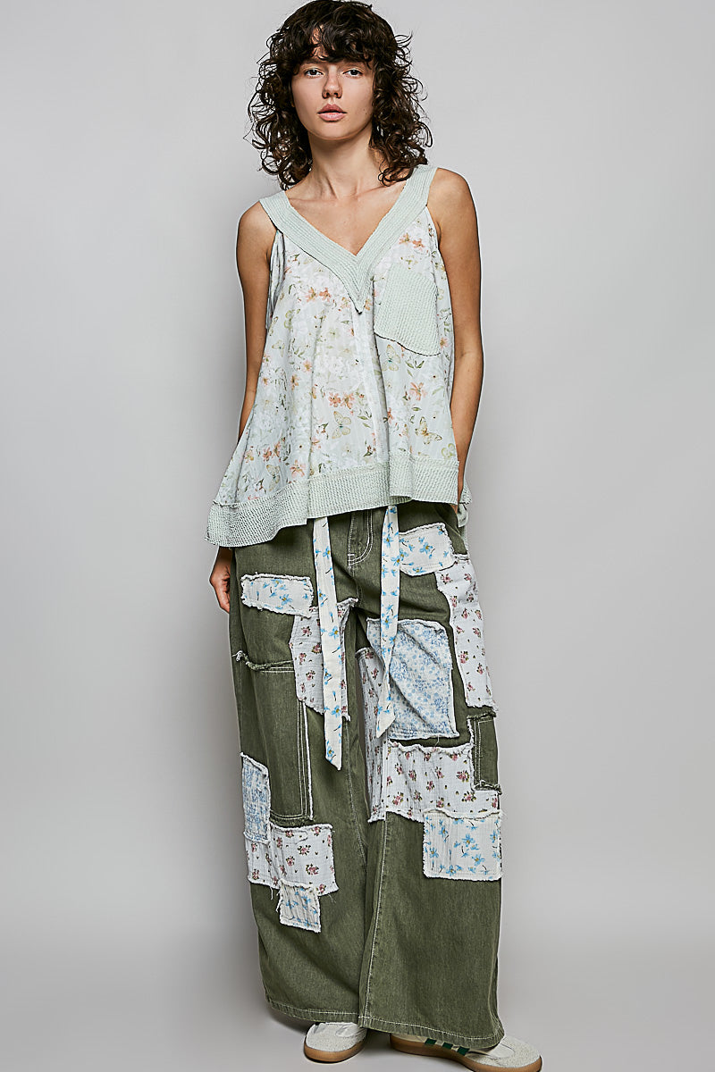 POL Floral V-Neck Tank with Front Pocket
