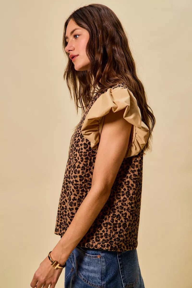 SO ME Leopard Pointelle Knit Top with Puff Sleeves
