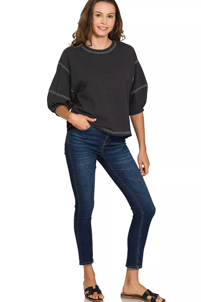 Zenana Balloon Sleeve Top with Contrast Stitching