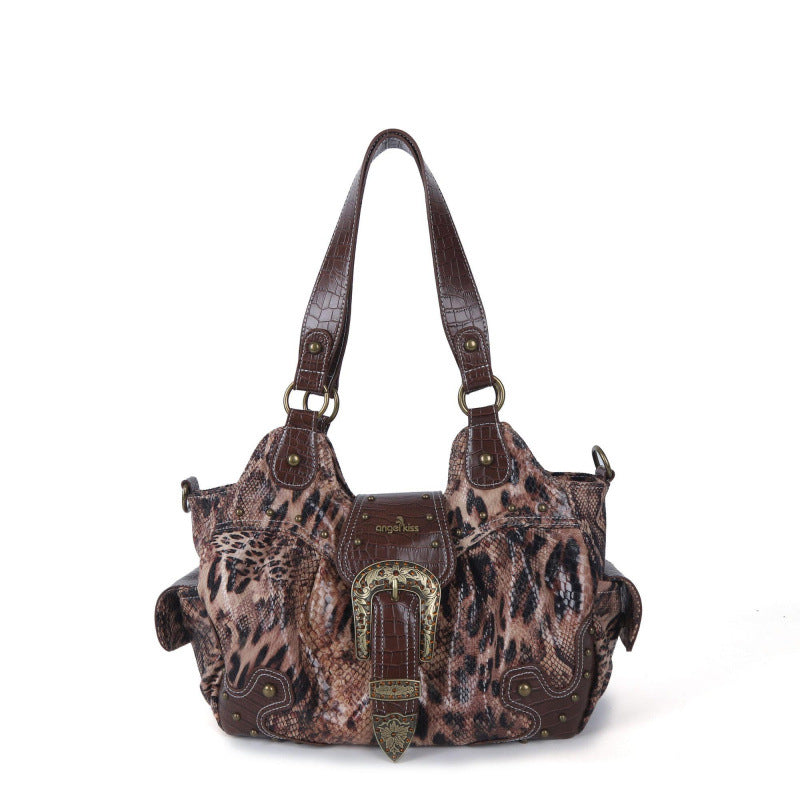 Women's Leopard Print Crossbody Bag – Western Rivet Detail | Polyester & PU Lining