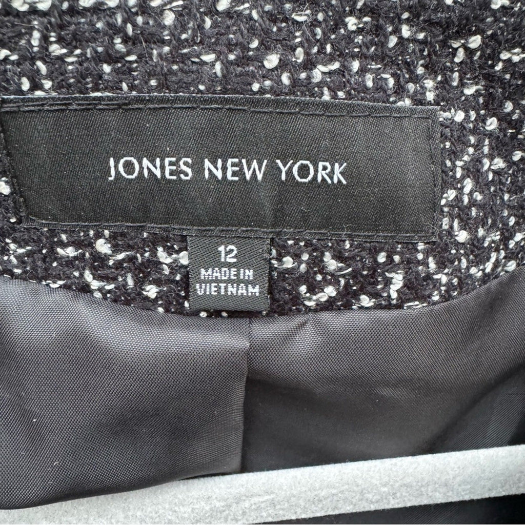 Jones New York Womens Size 12 Black White Career Open Front Jacket Blazer