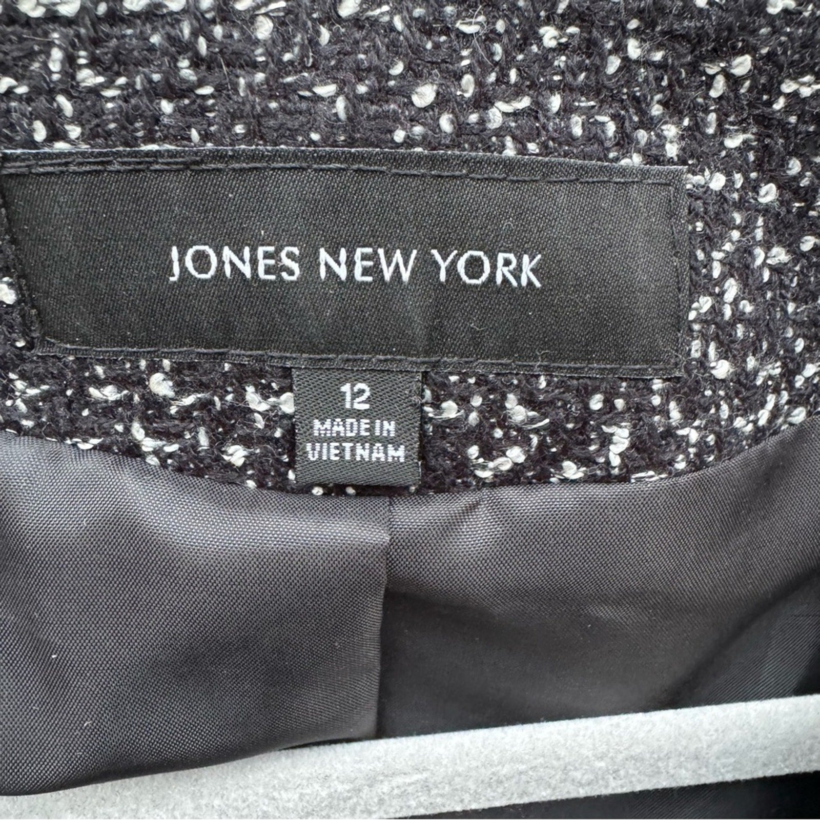 Jones New York Womens Size 12 Black White Career Open Front Jacket Blazer