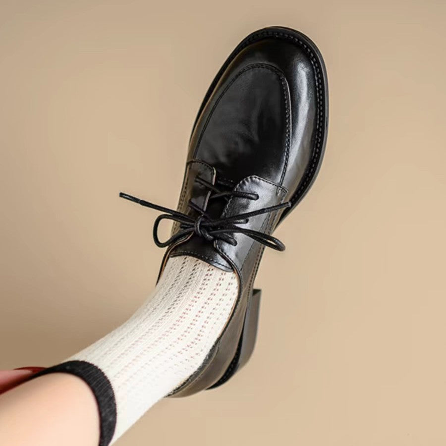 Women's Round Toe Chunky Heel Leather Loafers | Cowhide Upper Buckle Shoes