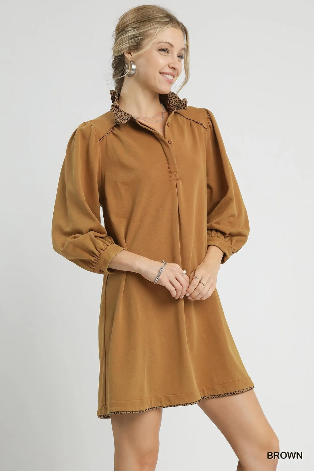 Umgee French Terry Balloon Sleeve Shift Dress with Leopard Print Detail