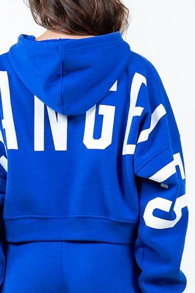 American Bazi Letter Graphic Long Sleeve Drawstring Cropped Hoodie