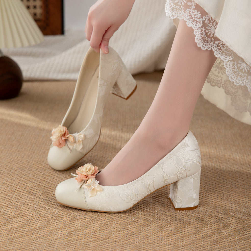 Women's Floral Block Heel Pumps | Square Toe Jacquard Dress Shoes