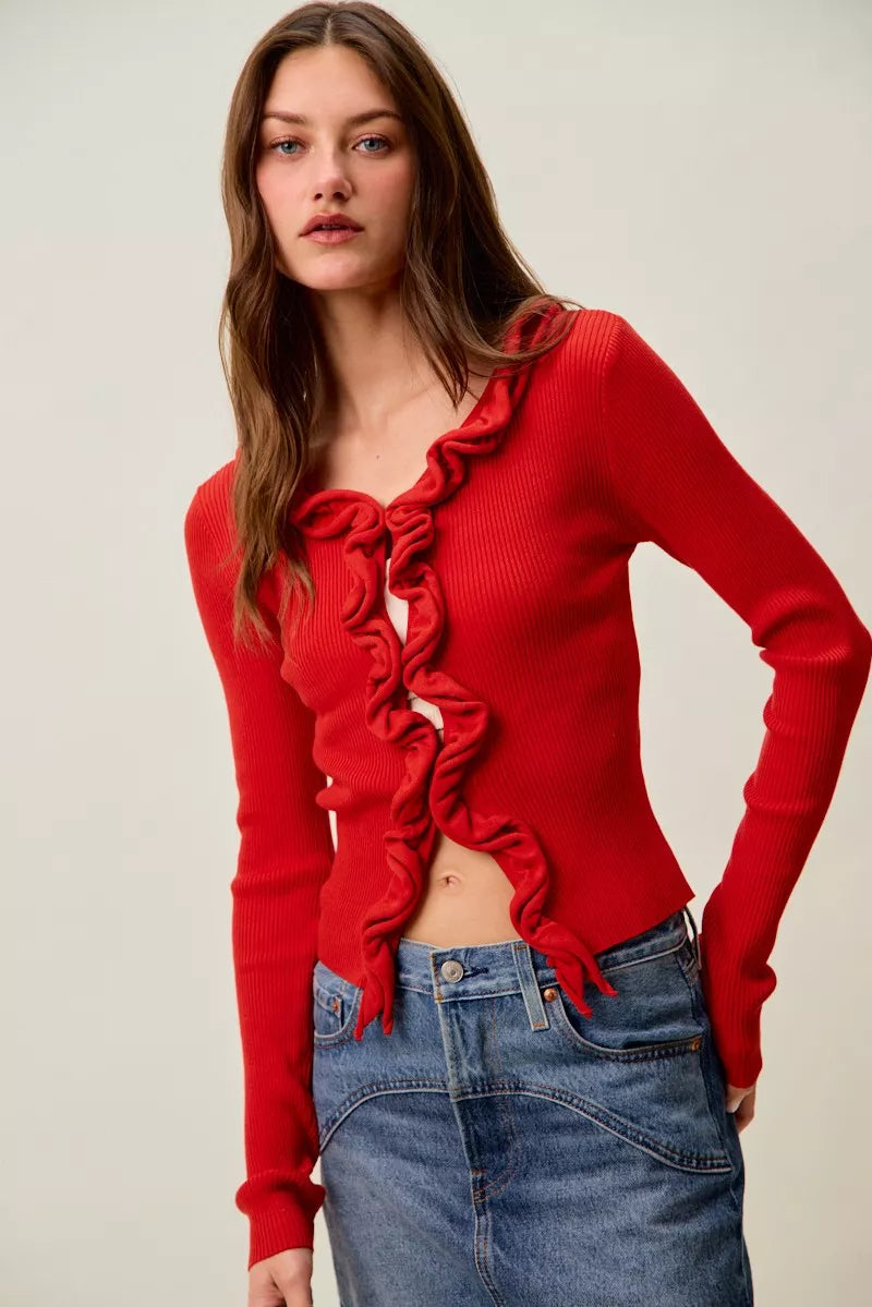 SO ME Cascade Ruffle Ribbed Sweater Cardgian
