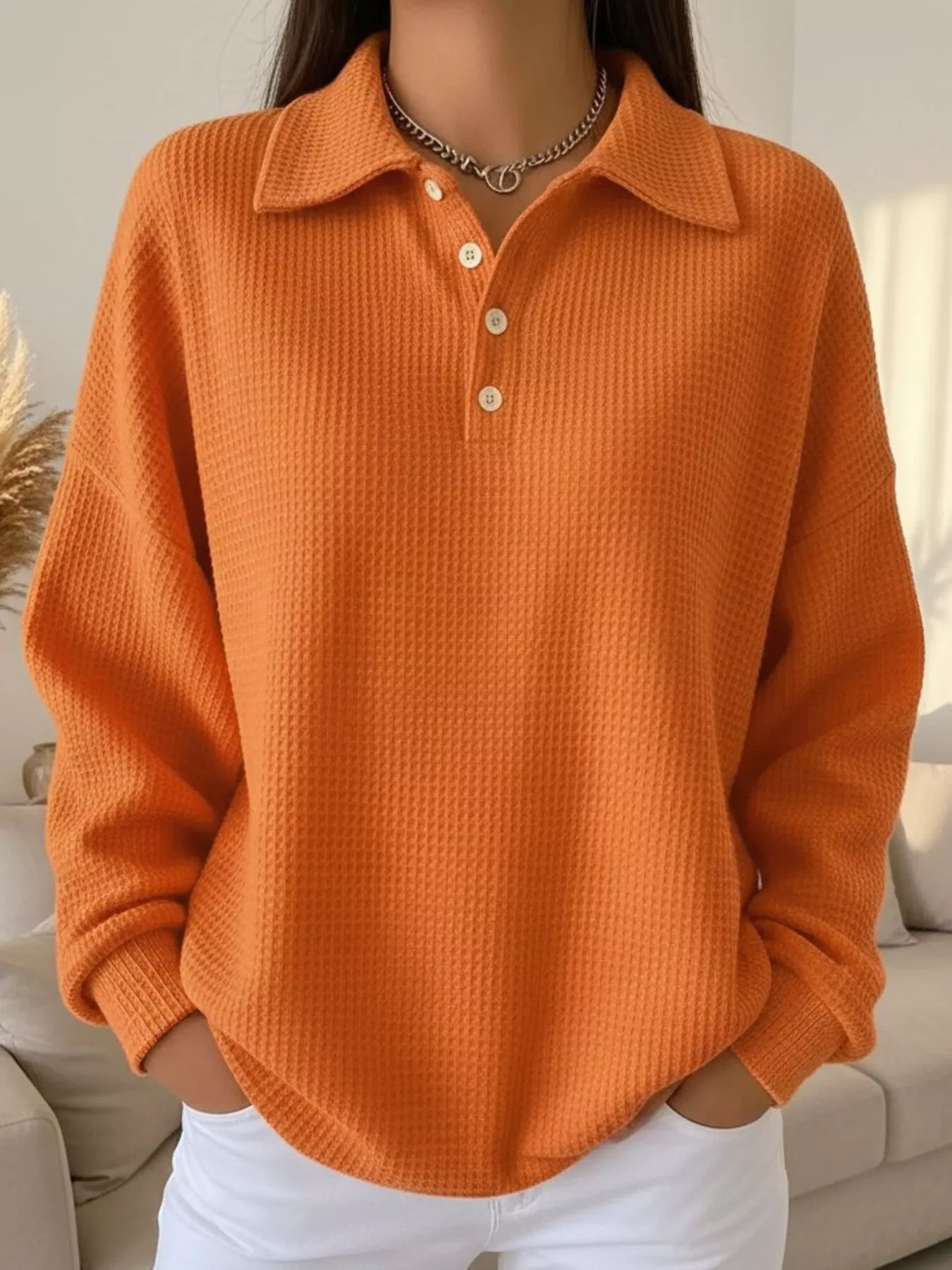 Full Size Waffle Knit Button Detail Top Plus Size