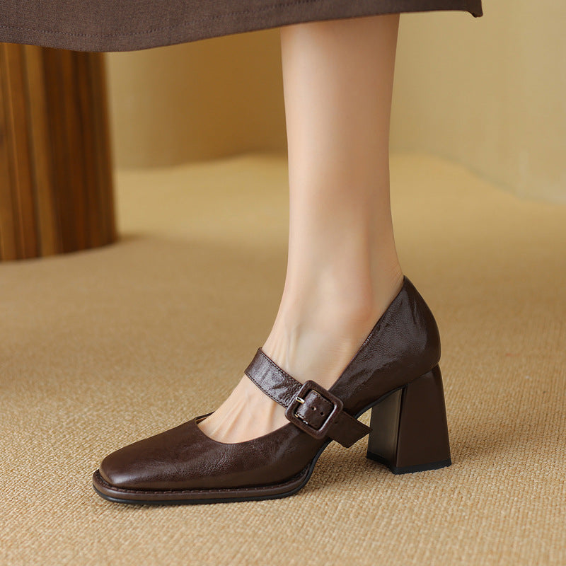 Women's Sheepskin Mary Jane Heels – Chunky Heel Buckle Strap Square Toe Shoes
