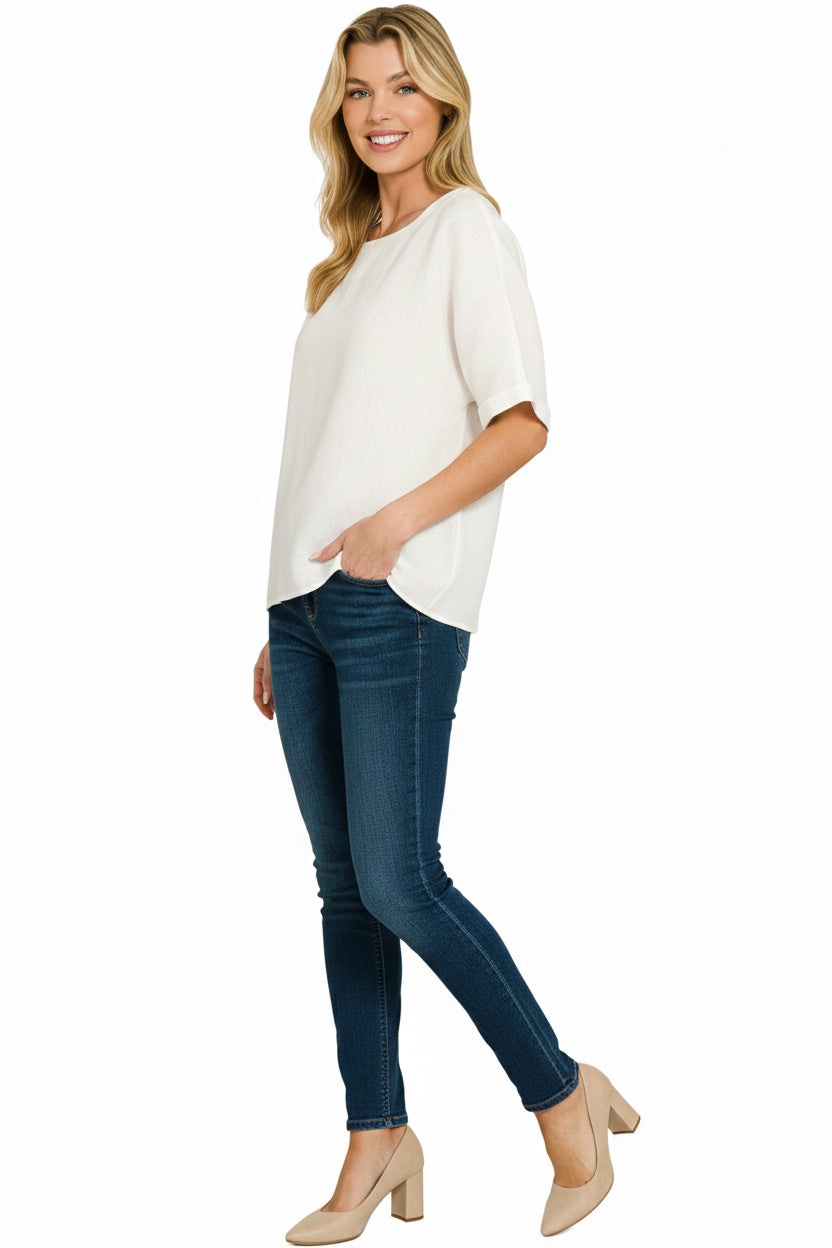 Zenana Linen Round Neck Cuffed Sleeve Top