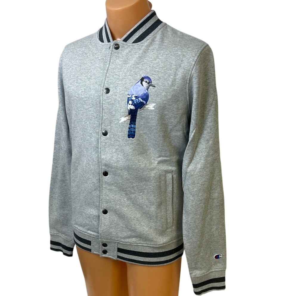 New Champion Mens Small Gray Snap Up Hand Printed Blue Jay Bird Bomber Jacket