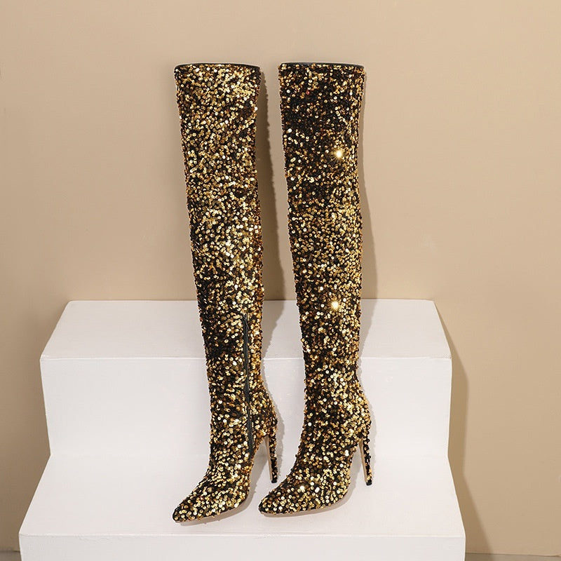 Women's Sequin Over-the-Knee Stiletto Boots – Side Zip Pointed Toe Stiletto Heels