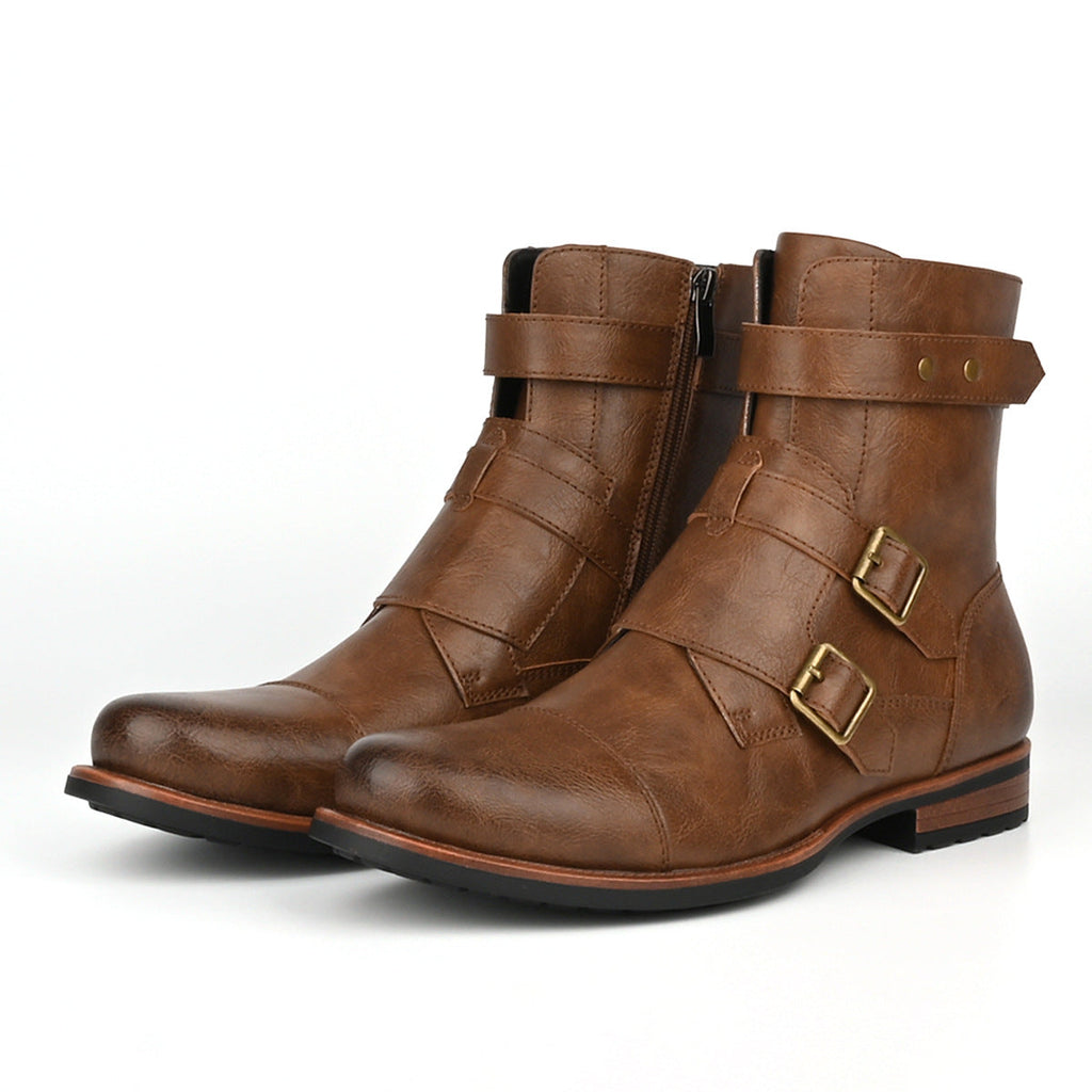 Men's Vintage Denim Boots | Metal Buckle Side-Zip Low Heel – Black & Brown