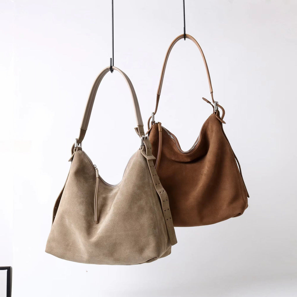 Women's Genuine Leather Bucket Crossbody Shoulder Bag – Retro Suede Soft Structured Handbag