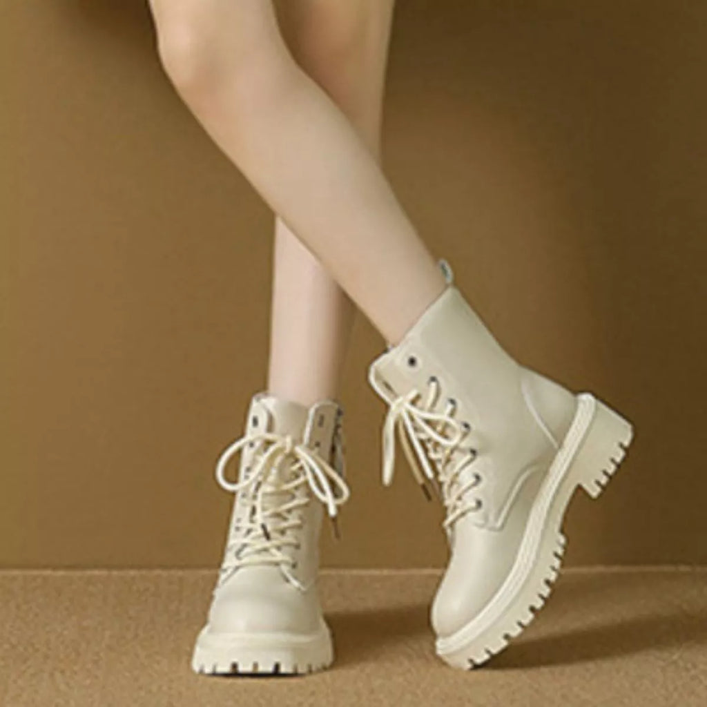Women's Lace-Up Ankle Combat Boots – Mid Heel PU Leather