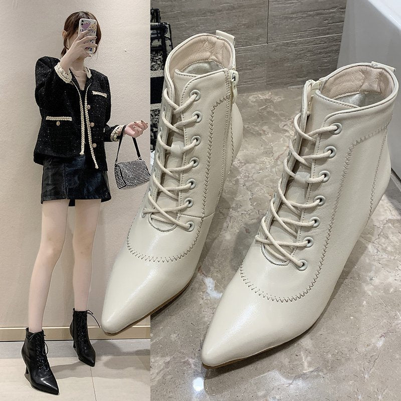 Women's Pointed-Toe Stiletto Ankle Boots - Mid Heel PU Leather Side Zipper Boots