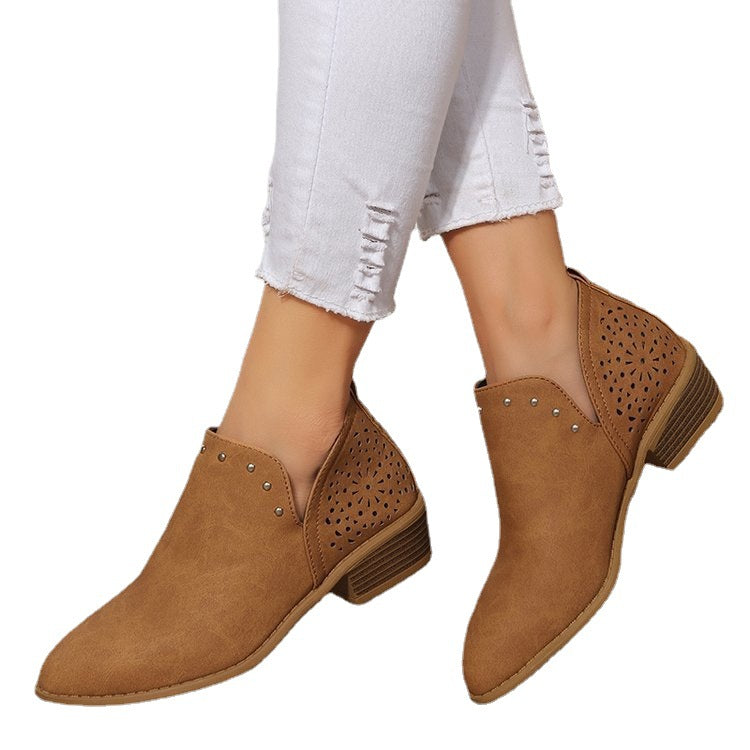 Women's Retro Studded Pointed-Toe Ankle Boots | Chunky Heel Slip-On