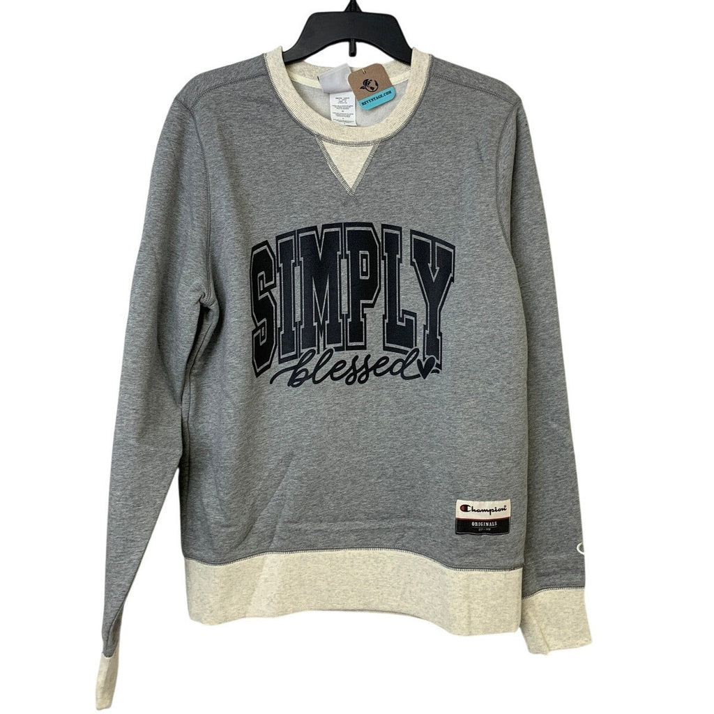 New Hand Printed Womens Small Simply Blessed Gray Cream Long Sleeve Sweatshirt