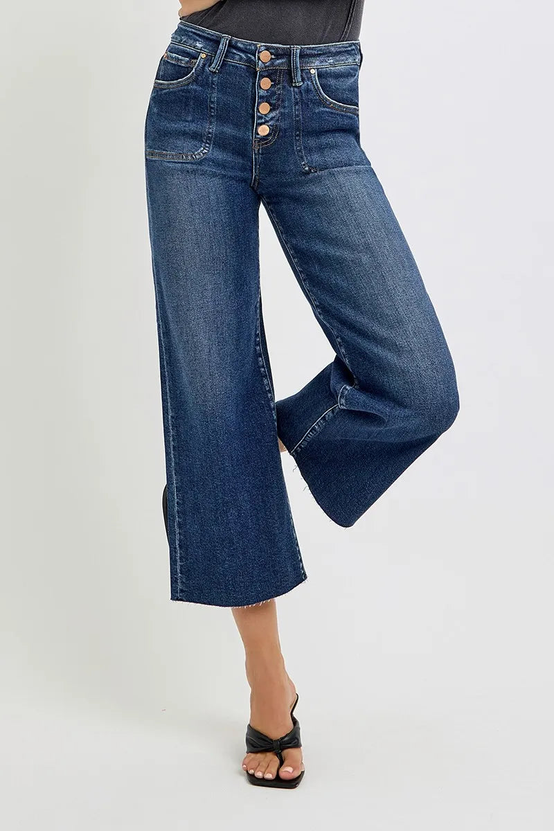 RISEN Full Size High Rise Crop Wide Button Up Jeans Plus Size