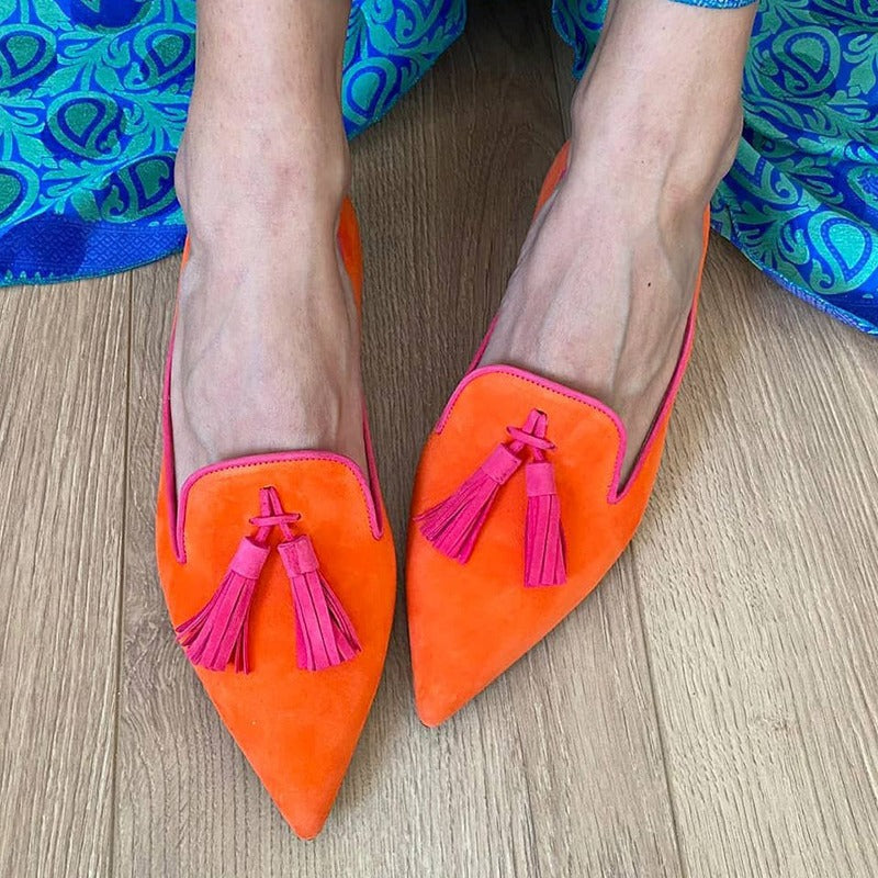 Women's Pointed Toe Tassel Flat Shoes | Low Heel Suede Casual Slip-On | Multi-Color