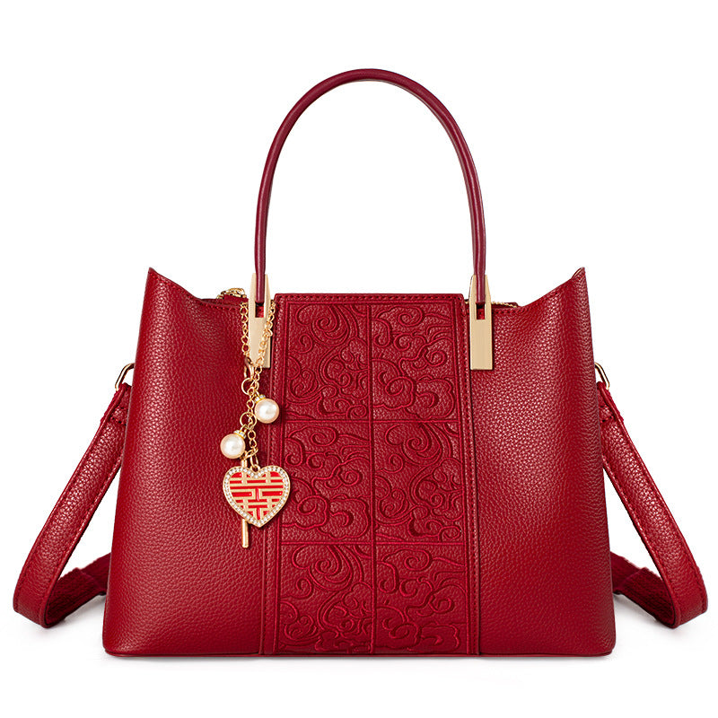 Red Embroidered Tote Bag - High Capacity PU Leather Shoulder Bag for Women