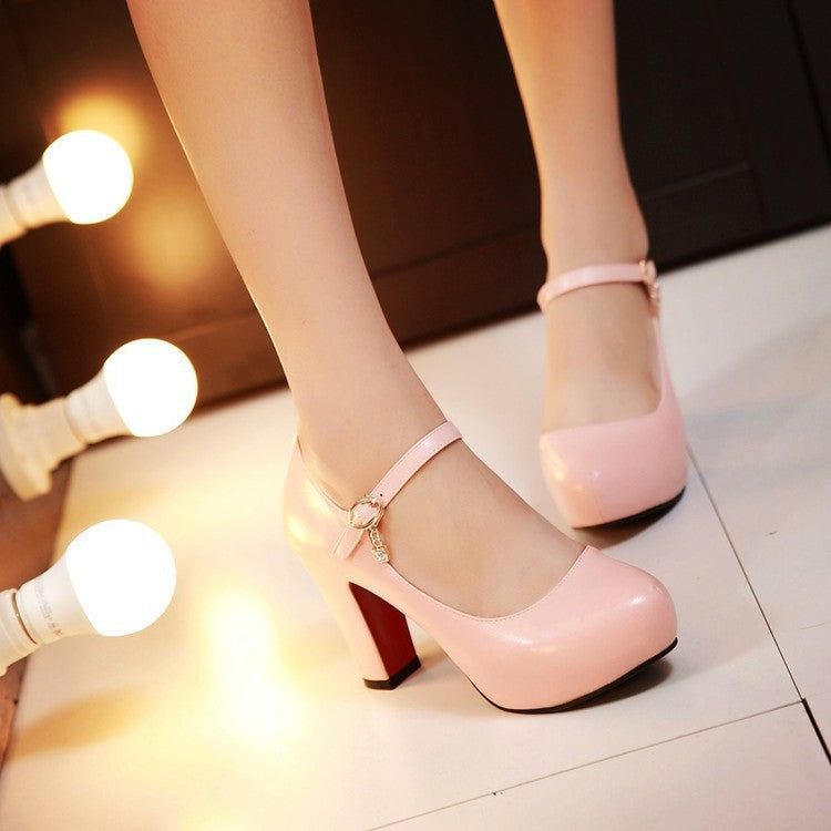Platform High Heels Slip-On Pumps. Women's Chunky Heel Round Toe Dress Shoes PU Leather Non-Slip