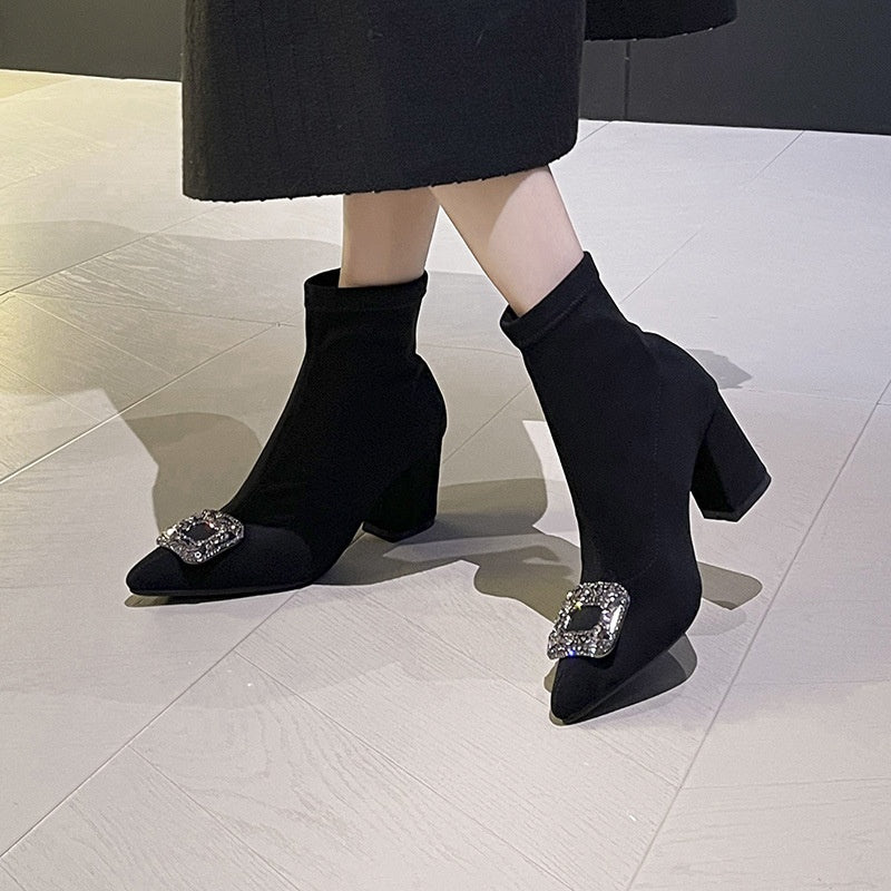Women's Pointed-Toe Chunky Heel Ankle Boots | Suede Slip-On Block Heel Booties