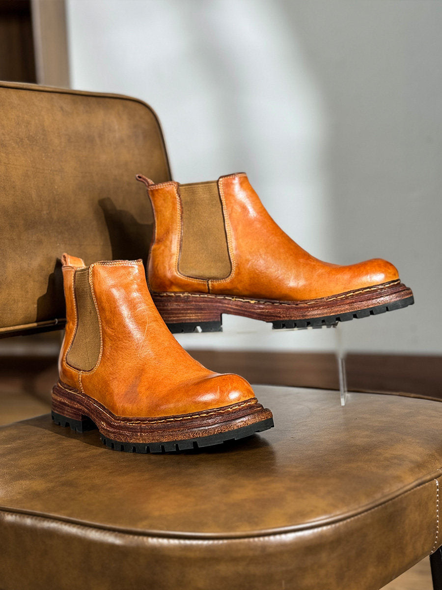 Men's Vintage Carved Leather Boots | Thick Sole Height-Increasing Dr. Martens Style