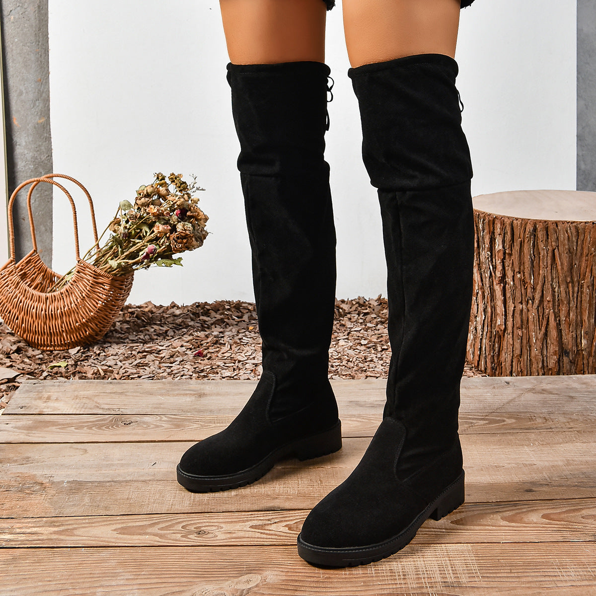 Women's Elastic Thick Sole Knee High Boots – Slip-On Square Heel Suede Over-the-Knee Boot