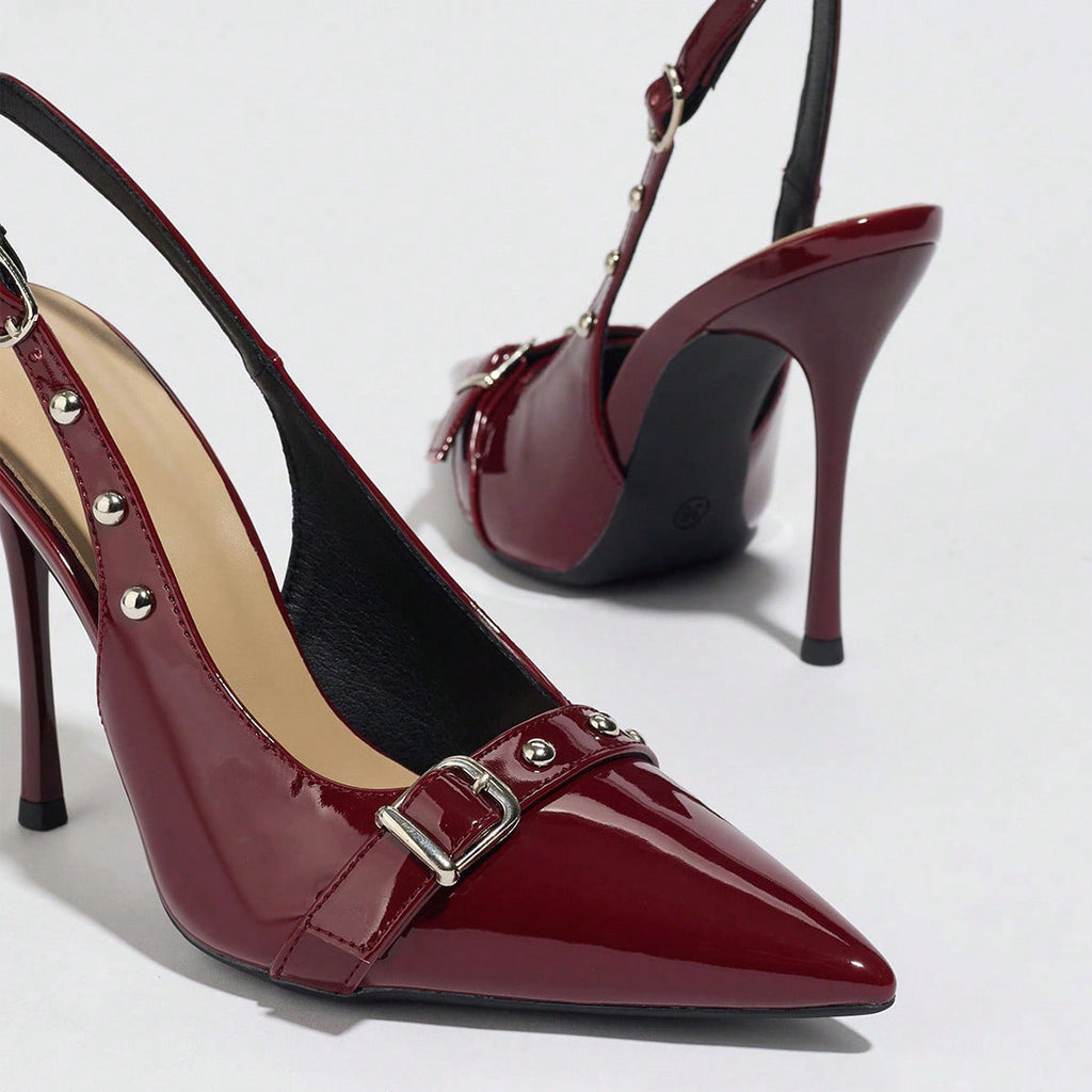 Women's Pointed-Toe Stiletto Heels | Synthetic Leather Buckle Rivet Heels