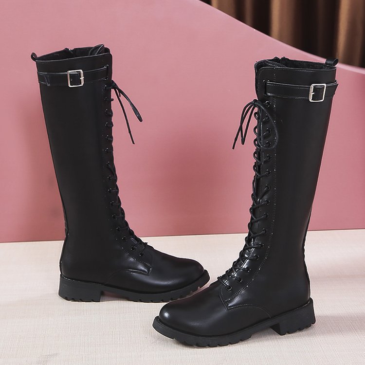 Women's Lace-Up High Boots - Mid Heel Combat Boots with Buckles & Straps