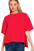 Zenana Full Size Double Knit Side Slits Hi Low Short Sleeve Top Plus Size